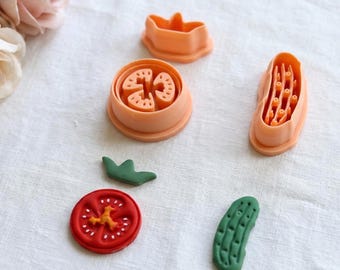 Vormpjesset van polymeerklei voor tomaten- en augurkenschijfjes, realistische oorbellenmaker met burger toppings