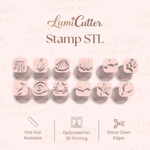 Pode incluir: Um conjunto de selos quadrados cor-de-rosa com vários desenhos com tema marinho, incluindo conchas e estrelas do mar. O texto "LumiCutter Stamp STL" é exibido no topo. Os selos são otimizados para impressão 3D e têm bordas nítidas.