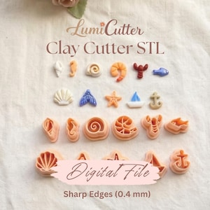 Puede incluir: Colección de cortadores de arcilla STL con formas marinas, incluyendo conchas, una estrella de mar, un velero y un ancla. El texto "Lumi Cutter" y "Digital File" son visibles. Los cortadores tienen bordes afilados de 0,4 mm.