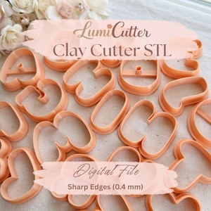 May include: A collection of peach-colored clay cutters in various abstract shapes, featuring sharp 0.4 mm edges. The image includes text reading LumiCutter Clay Cutter STL and Digital File, indicating these are designs for 3D printing.
