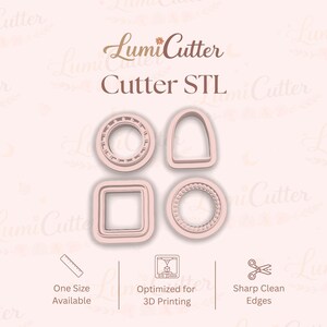 Könnte beinhalten: Vier hellrosa Ausstecher in verschiedenen Formen: ein Kreis mit Innendesign, ein abgerundetes Rechteck, ein Quadrat und ein Kreis mit Perlenrand. Das Bild enthält den Text "LumiCutter Cutter STL" und Symbole.