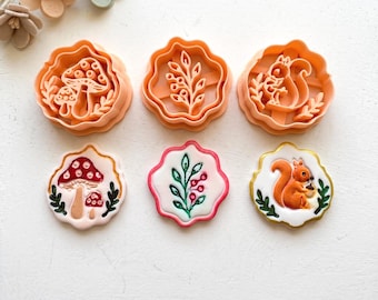 Woodland Mushroom, Squirrel, Botanical Clay Cutter Set, Fall Ceramic Brooch, Earring Maker