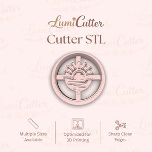 May include: A light pink cookie cutter with a circular design featuring a stylized sun and waves, with the text "Lumi Cutter Cutter STL". The image also includes icons and text indicating multiple sizes, 3D printing optimization, and sharp edges.