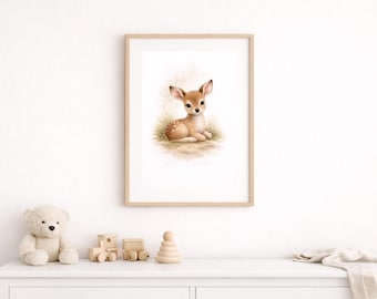 Decorazione murale stampabile per cameretta dei bambini con cervo del bosco - Grazioso acquerello di un cerbiatto, decorazione neutra per la cameretta dei bambini, download digitale