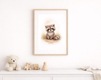 Woodland Raccoon Nursery Wall Art Printable – Cute Forest Raccoon Watercolor, Neutral Baby Room Decor, Digital Download