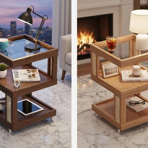 Könnte beinhalten: Zwei quadratische Beistelltische aus Holz. Jeder Tisch hat drei Ebenen, mit einer Glasplatte und einem unteren Regal. Einer ist dunkelbraun, der andere hellbraun. Beide haben dekorative gewebte Seitenteile und kleine Rollen.