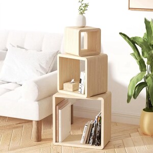 Modular Wooden Cube Shelf Set, Stackable Storage Organizer, Modern Side Table, Tv Console