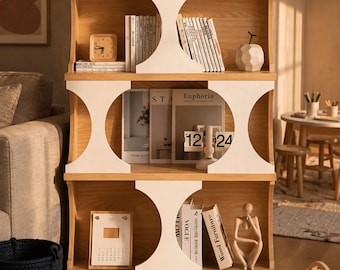 Solid Wood Arched Bookshelf | Minimalist Japandi Display Shelf, Modern Bookcase