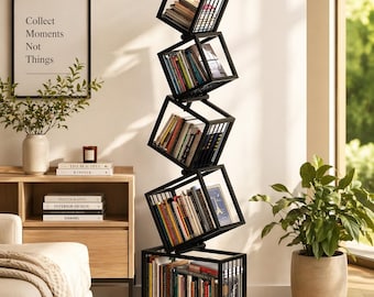 Estantería moderna en zigzag, estantería geométrica de suelo tipo cubo