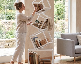 Modern Zig Zag Bookshelf, Geometric Floor Shelf Cube Bookcase