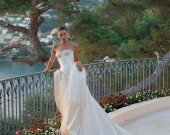 Margaux-Couture Sculpted Coset Bodice Ballgown Wedding Dress with Lace Detailed Cups, Ivory Tulle and Mikado Silk Basque Waist Overskirt