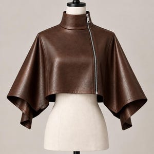 Peut inclure: Une veste courte marron fonc&eacute; avec un col montant et des manches larges et &eacute;vas&eacute;es. Le v&ecirc;tement pr&eacute;sente une fermeture &eacute;clair asym&eacute;trique argent&eacute;e qui descend en diagonale de l'encolure &agrave; l'ourlet, cr&eacute;ant une silhouette structur&eacute;e en cape.