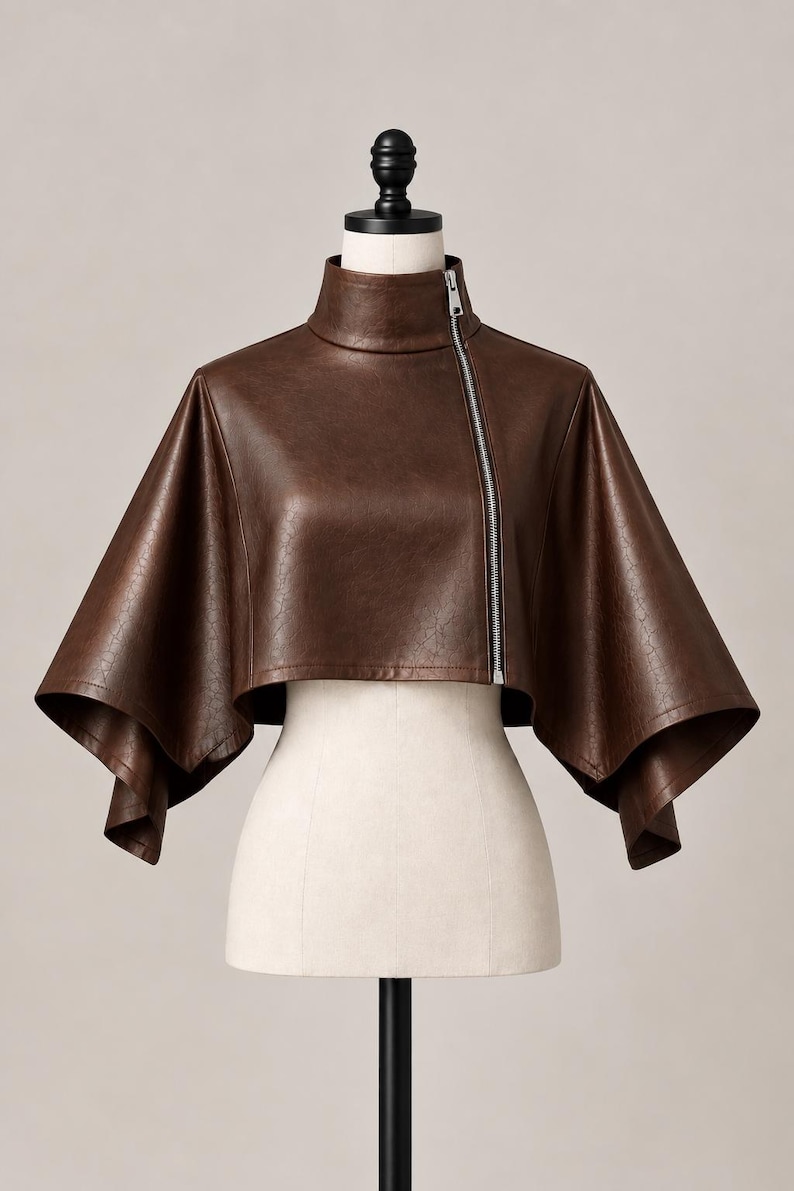 Peut inclure: Une veste courte marron fonc&eacute; avec un col montant et des manches larges et &eacute;vas&eacute;es. Le v&ecirc;tement pr&eacute;sente une fermeture &eacute;clair asym&eacute;trique argent&eacute;e qui descend en diagonale de l'encolure &agrave; l'ourlet, cr&eacute;ant une silhouette structur&eacute;e en cape.