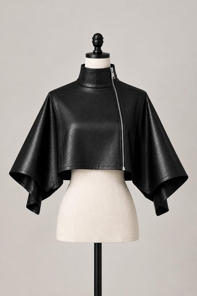 Peut inclure: Une veste cape courte en similicuir noir dot&eacute;e d'un col montant et d'une fermeture &eacute;clair asym&eacute;trique en m&eacute;tal argent&eacute;. Le v&ecirc;tement pr&eacute;sente des manches larges et &eacute;vas&eacute;es qui tombent des &eacute;paules, cr&eacute;ant une silhouette structur&eacute;e.