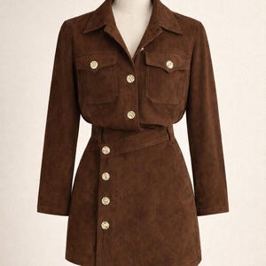 Peut inclure: Ensemble deux pièces marron sur mannequin. L'ensemble comprend une veste à col avec deux poches poitrine et des boutons dorés, et une jupe assortie avec un design enveloppant et des boutons dorés. L'ensemble est en matière douce, semblable à du daim.