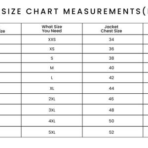 Peut inclure: Un tableau de guide des tailles en noir et blanc intitul&eacute; WOMEN SIZE CHART MEASUREMENTS (INCHES). Il pr&eacute;sente des colonnes pour la taille de poitrine, la taille requise, la poitrine de veste et les manches en pouces, de XXS &agrave; 5XL.
