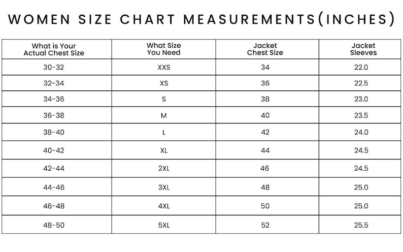Peut inclure: Un tableau de guide des tailles en noir et blanc intitul&eacute; WOMEN SIZE CHART MEASUREMENTS (INCHES). Il pr&eacute;sente des colonnes pour la taille de poitrine, la taille requise, la poitrine de veste et les manches en pouces, de XXS &agrave; 5XL.