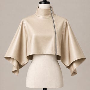 Peut inclure: Une veste cape courte de couleur beige avec un col montant et une fermeture &eacute;clair asym&eacute;trique argent&eacute;e. Le v&ecirc;tement pr&eacute;sente des manches larges et &eacute;vas&eacute;es qui tombent des &eacute;paules, cr&eacute;ant une silhouette structur&eacute;e et fluide sur un mannequin.