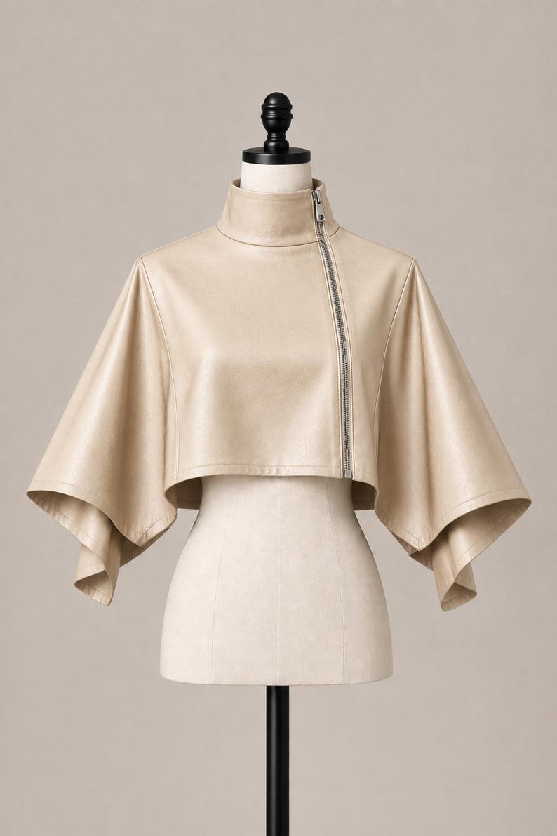 Peut inclure: Une veste cape courte de couleur beige avec un col montant et une fermeture &eacute;clair asym&eacute;trique argent&eacute;e. Le v&ecirc;tement pr&eacute;sente des manches larges et &eacute;vas&eacute;es qui tombent des &eacute;paules, cr&eacute;ant une silhouette structur&eacute;e et fluide sur un mannequin.