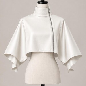 Peut inclure: Une veste courte blanche avec un col montant et une fermeture &eacute;clair argent&eacute;e asym&eacute;trique. Le v&ecirc;tement pr&eacute;sente des manches larges et &eacute;vas&eacute;es qui tombent des &eacute;paules, cr&eacute;ant une silhouette structur&eacute;e et fluide sur un mannequin.