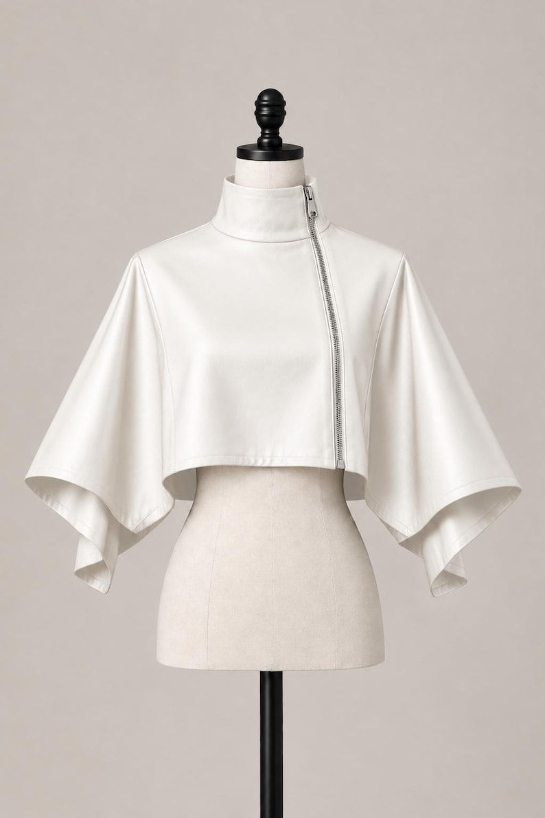 Peut inclure: Une veste courte blanche avec un col montant et une fermeture &eacute;clair argent&eacute;e asym&eacute;trique. Le v&ecirc;tement pr&eacute;sente des manches larges et &eacute;vas&eacute;es qui tombent des &eacute;paules, cr&eacute;ant une silhouette structur&eacute;e et fluide sur un mannequin.