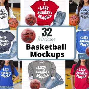 Peut inclure: 32 maquettes de basket-ball présentant différents t-shirts et sweats à capuche avec le texte "Lazy Sundays Mocks" imprimé dessus. Les maquettes montrent les t-shirts sur des mannequins et sur un fond de terrain de basket-ball.