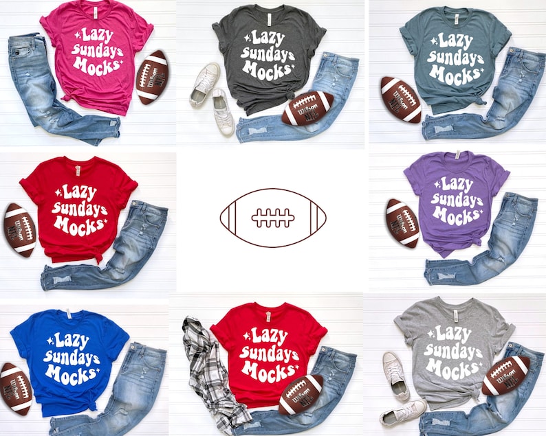 K&ouml;nnte beinhalten: Eine Auswahl an T-Shirts in verschiedenen Farben, jeweils kombiniert mit Jeans und einem Football. Die Shirts tragen den Text "Lazy Sundays Mocks" in einem Retro-Schriftstil. Das Bild zeigt ein l&auml;ssiges, sportliches Thema.