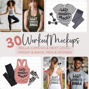 May include: A collage of 30 workout mockups featuring tank tops, t-shirts, and leggings with the text "Lazy Sundays" and "Mocks". The mockups are displayed on models and mannequins in a variety of poses.