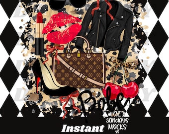 May include: A digital illustration of a red lipstick, sunglasses, a black leather jacket, a brown and gold handbag, a pair of red cherries, and a pair of red high heels on a black and white checkered background. The text "Babe" is written in black with a red outline. The text "Instant Digital Download" is written in black below the image. The text "oz sandays MOCKS xo" is written in red below the text "Babe".