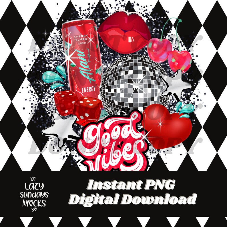 May include: A digital illustration of a disco ball, cherries, dice, a can of cherry slush energy drink, and a heart with the words "good vibes" in red and white lettering. The background is a black and white checkered pattern.