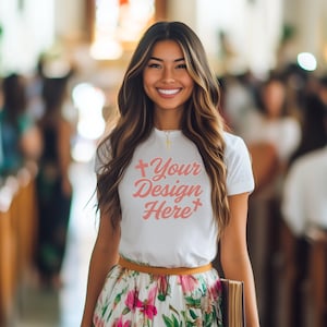 Christian Tee Mockup - Bella 3001 T Shirt - Female Model Mock Up - Mockup For Tshirts -  White Tshirt -  Church Aesthetic