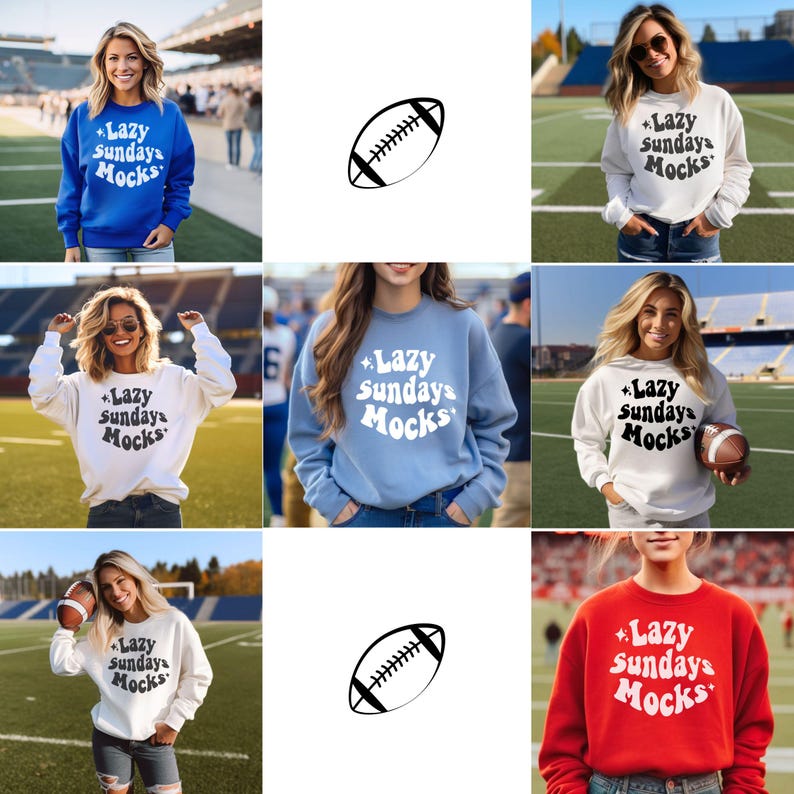 K&ouml;nnte beinhalten: Eine Auswahl an Sweatshirts in verschiedenen Farben, darunter Blau, Wei&szlig; und Rot, jeweils mit dem Text "Lazy Sunday Mocks" in wei&szlig;er, retro Schriftart. Eine schwarz-wei&szlig;e Football-Grafik ist ebenfalls abgebildet. Die Sweatshirts werden auf einem Footballfeld pr&auml;sentiert.