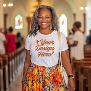 Christian Mockups - Bella 3001 T-Shirt - Mature Female Model Mock Up - Mockup For Religious Tshirts -  White Tshirt -  Church Aesthetic