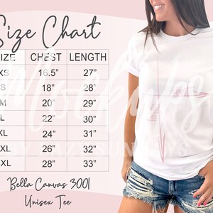 Bella Canvas 3001 Size Chart, Size Chart, Bella T-shirt size chart, Bella size chart, pink