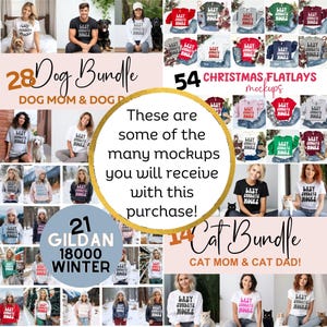 K&ouml;nnte beinhalten: Eine Collage aus Bildern, die verschiedene Mockups f&uuml;r T-Shirts, Sweatshirts und Hoodies zeigen. Die Mockups zeigen verschiedene Models, die die Kleidung in verschiedenen Posen und Umgebungen tragen. Der Text "28 Dog Bundle", "54 Christmas Flatlays Mockups", "21 Gildan 18000 Winter" und "14 Cat Bundle" ist auf dem Bild zu sehen.