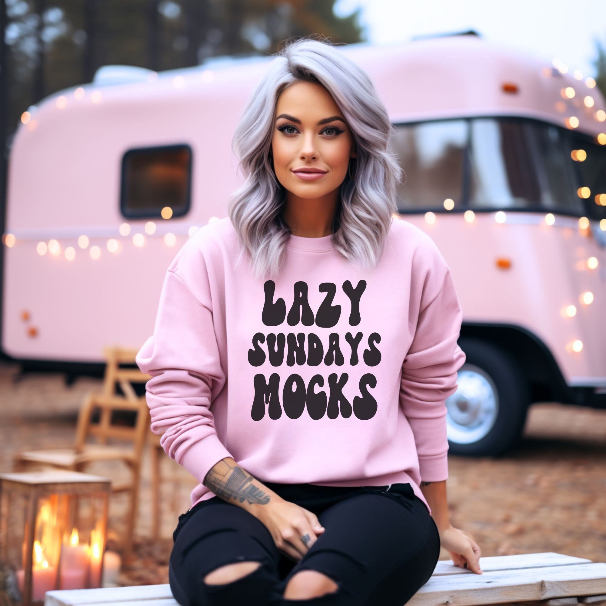 Mockups For Sweatshirts - Light Pink Sweatshirt Mock Up - Mockups For Gildan 18000 - Mockup Of Pink Sweater - Campground Themed Sweatshirt
