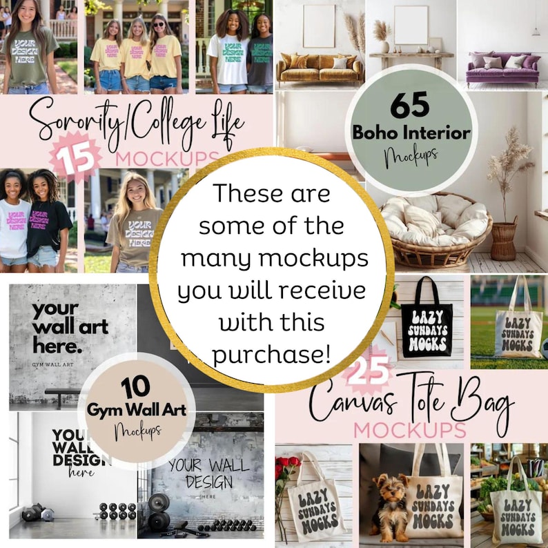 K&ouml;nnte beinhalten: Eine Collage aus Bildern, die verschiedene Mockups f&uuml;r das Leben in einer Sorority und im College, Wandkunst f&uuml;r Fitnessstudios, Boho-Inneneinrichtung und Canvas-Tragetaschen zeigen. Die Bilder zeigen verschiedene Szenen und Objekte, darunter Menschen, die Shirts tragen, Wandkunst, M&ouml;bel und Tragetaschen. Der Text "Sorority/College Life 15 Mockups", "Gym Wall Art 10 Mockups", "Boho Interior Mockups 65", "Canvas Tote Bag 25 Mockups" und "These are some of the many mockups you will receive with this purchase!" ist auf dem Bild zu sehen.