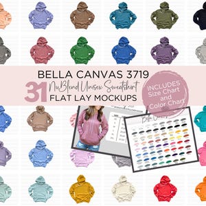 Tabla de colores y tallas de Bella Canvas 3719. Maquetas planas de Bundle.