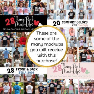 K&ouml;nnte beinhalten: Eine Collage aus 28 verschiedenen T-Shirt-Mockups mit einer Vielzahl von Farben und Designs. Die Mockups werden auf Modellen unterschiedlichen Alters und Geschlechts gezeigt. Der Text "28 Theme Park Mock-Ups" wird in der oberen rechten Ecke des Bildes angezeigt. Der Text "Bella Canvas, Gildan, Next Level" wird in der unteren rechten Ecke des Bildes angezeigt.