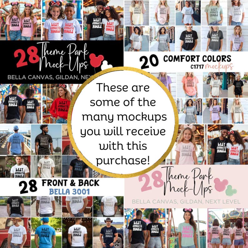 K&ouml;nnte beinhalten: Eine Collage aus 28 verschiedenen T-Shirt-Mockups mit einer Vielzahl von Farben und Designs. Die Mockups werden auf Modellen unterschiedlichen Alters und Geschlechts gezeigt. Der Text "28 Theme Park Mock-Ups" wird in der oberen rechten Ecke des Bildes angezeigt. Der Text "Bella Canvas, Gildan, Next Level" wird in der unteren rechten Ecke des Bildes angezeigt.