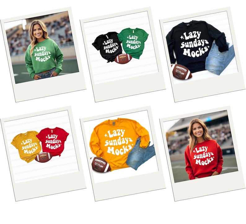 K&ouml;nnte beinhalten: Eine Auswahl an T-Shirts und Sweatshirts in verschiedenen Farben, darunter Gr&uuml;n, Schwarz, Rot, Gelb und Orange. Jedes Kleidungsst&uuml;ck tr&auml;gt den Text "Lazy Sundays Mocks" in einer verspielten Schriftart. Ein Football liegt neben einigen Shirts.