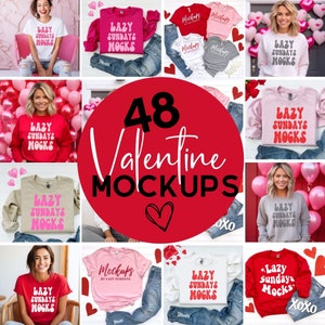 Valentines Mockup Bundle - Valentine's Day Mockups - Bella Canvas 3001 - Gildan 1800 Sweatshirt Mockup -  Red Valentines Day Shirt Flatlay