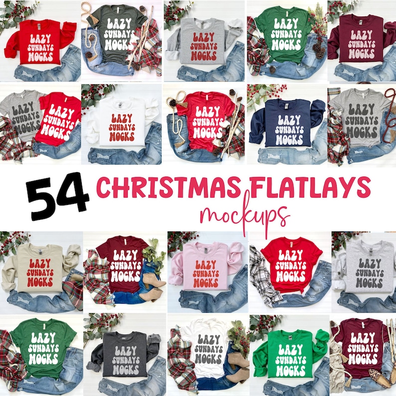 May include: A collection of 54 flat lay mockups featuring various t-shirt designs with the text "Lazy Sundays" in a retro font. The mockups showcase different colours, styles, and backgrounds, including red, green, white, and grey shirts with a variety of holiday-themed props.