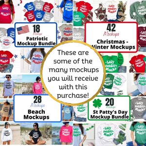 K&ouml;nnte beinhalten: Eine Collage aus Bildern, die verschiedene T-Shirt-Mockups f&uuml;r verschiedene Anl&auml;sse zeigen. Die Mockups zeigen eine Vielzahl von Farben, Stilen und Posen. Der Text "Lazy Sundays Mockups" erscheint auf allen Shirts. Der Text "Dies sind nur einige der vielen Mockups, die Sie mit diesem Kauf erhalten!" ist in einem goldenen Kreis in der Mitte des Bildes geschrieben. Das Bild enth&auml;lt auch Text, der die Anzahl der Mockups in jedem Bundle angibt, z. B. "18 Mockups - Patriotisches Mockup-Bundle", "42 Mockups - Weihnachts- und Winter-Mockups", "28 Mockups - Strand-Mockups" und "20 Mockups - St. Patricks Day Mockup-Bundle".