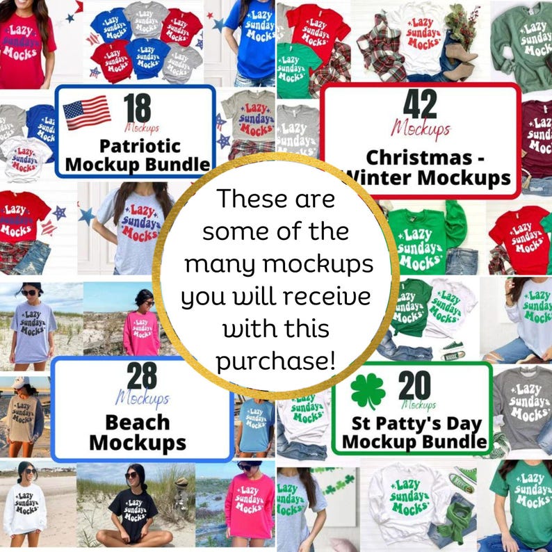 K&ouml;nnte beinhalten: Eine Collage aus Bildern, die verschiedene T-Shirt-Mockups f&uuml;r verschiedene Anl&auml;sse zeigen. Die Mockups zeigen eine Vielzahl von Farben, Stilen und Posen. Der Text "Lazy Sundays Mockups" erscheint auf allen Shirts. Der Text "Dies sind nur einige der vielen Mockups, die Sie mit diesem Kauf erhalten!" ist in einem goldenen Kreis in der Mitte des Bildes geschrieben. Das Bild enth&auml;lt auch Text, der die Anzahl der Mockups in jedem Bundle angibt, z. B. "18 Mockups - Patriotisches Mockup-Bundle", "42 Mockups - Weihnachts- und Winter-Mockups", "28 Mockups - Strand-Mockups" und "20 Mockups - St. Patricks Day Mockup-Bundle".