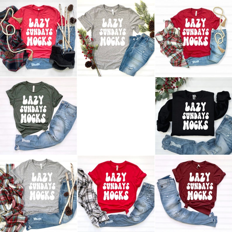 May include: Nine different coloured t-shirts with the text "LAZY SUNDAYS MOCKS" in white, retro-style lettering. The shirts are displayed on a white surface with jeans and other accessories.