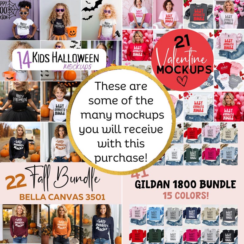 K&ouml;nnte beinhalten: Eine Collage von Bildern, die verschiedene Mockups f&uuml;r T-Shirts, Sweatshirts und andere Kleidung zeigen. Die Mockups zeigen Kinder, Erwachsene und verschiedene saisonale Themen, darunter Halloween, Valentinstag und Herbst. Der Text "14 Kids Halloween Mockups", "21 Valentine Mockups", "22 Fall Bundle Bella Canvas 3501" und "41 Gildan 1800 Bundle 15 Farben!" ist im Bild sichtbar.