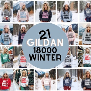 May include: A collage of 21 photos featuring women wearing a variety of coloured sweatshirts with the text "LAZY SUNDAYS MOGKS" printed on them. The photos are arranged in a grid pattern with a large circle in the centre that reads "21 GILDAN 18000 WINTER".