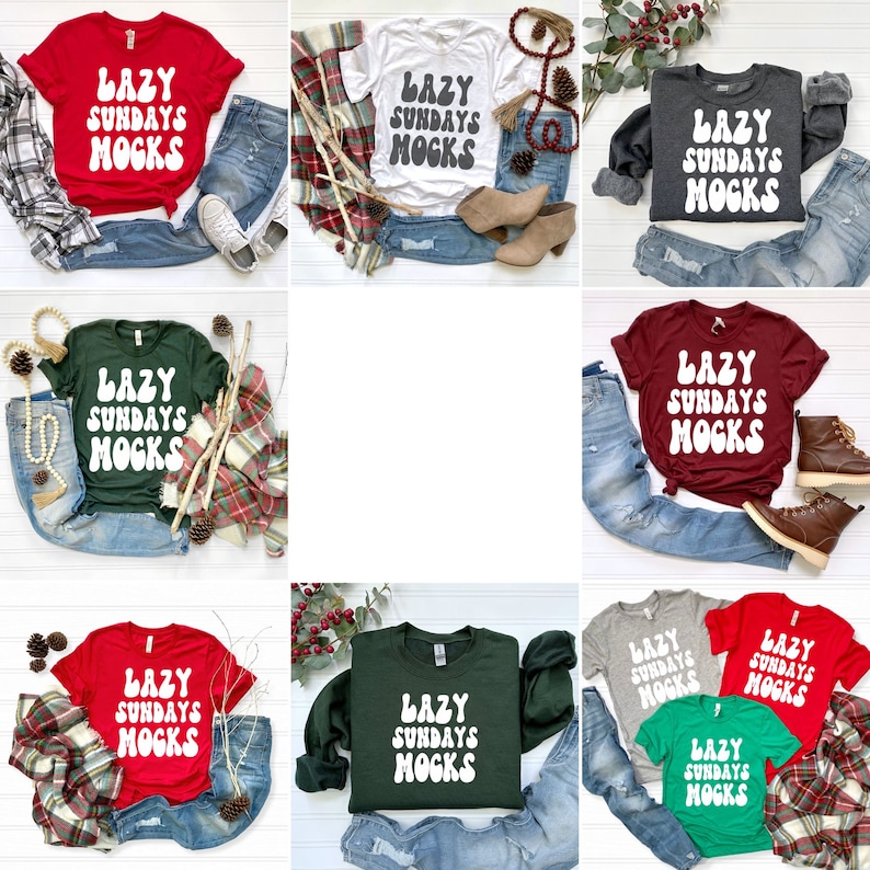 May include: Nine different t-shirts featuring the text "Lazy Sundays MOGKS" in a white, retro font. The shirts are displayed against a white backdrop with various props, including jeans, plaid scarves, and pine cones.