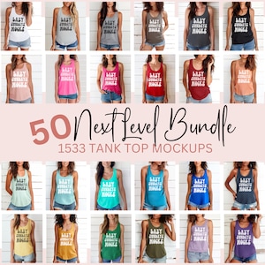 以下が含まれることがあります： さまざまな色とデザインのタンクトップのモックアップ50個のセット。モックアップは白い背景で、タンクトップには「LAZY SUNDAYS MOGKS」の文字が書かれています。